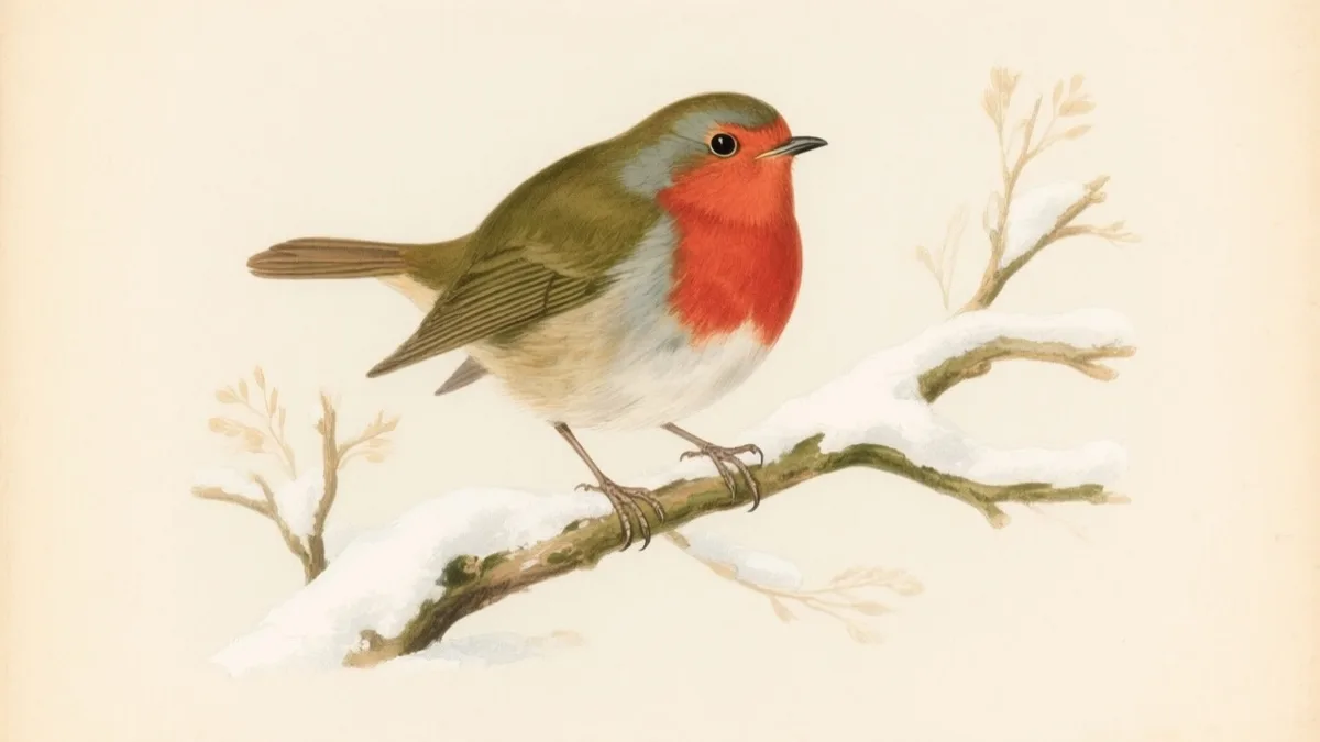 Ilustración naturalista de petirrojo europeo con pecho rojo en rama nevada