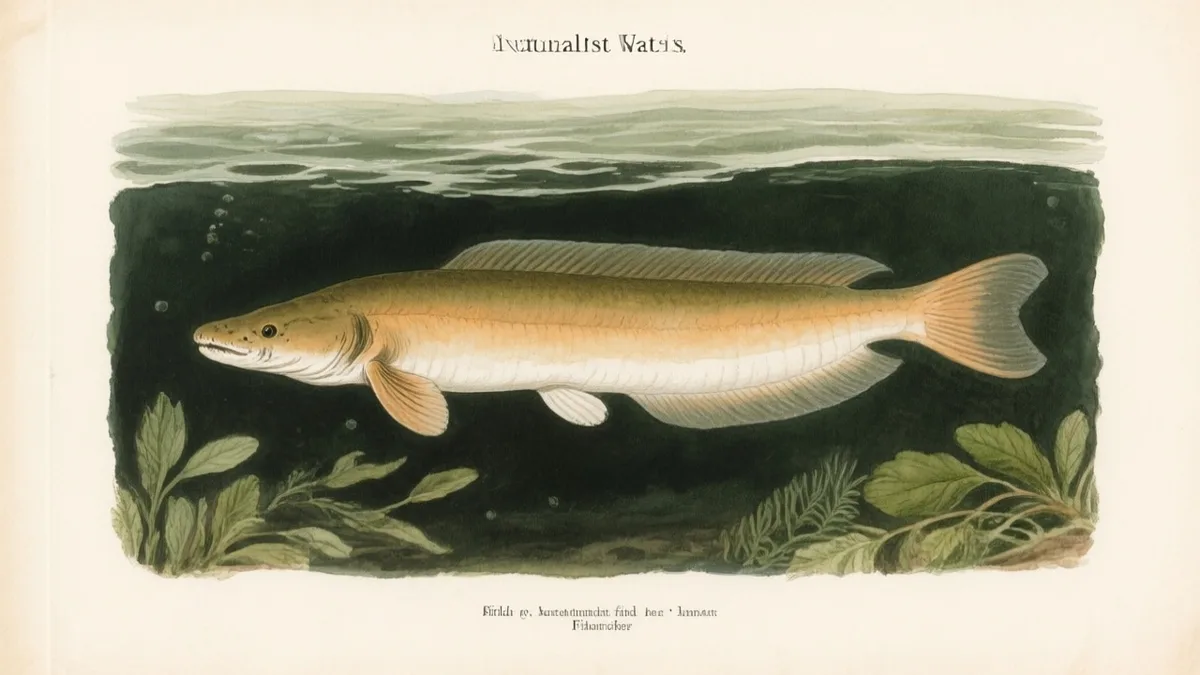 Ilustración naturalista de pez cuchillo amazónico nadando en agua oscura