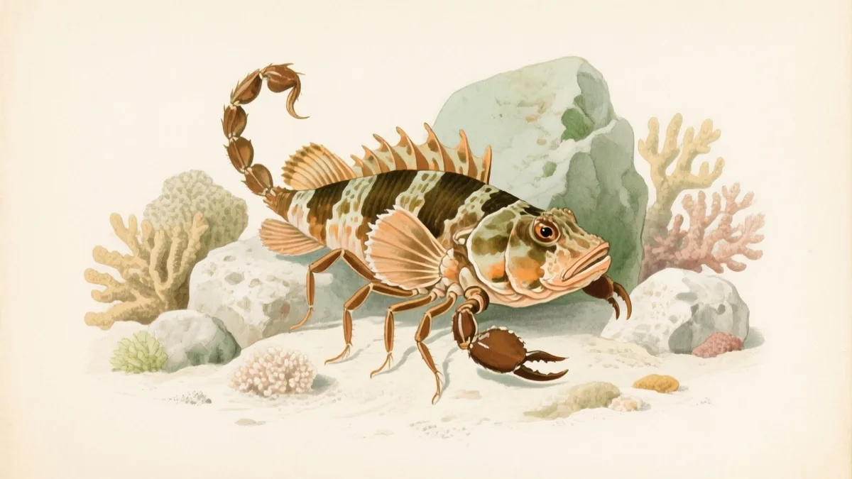 Ilustración naturalista de pez diablo camuflado entre coral