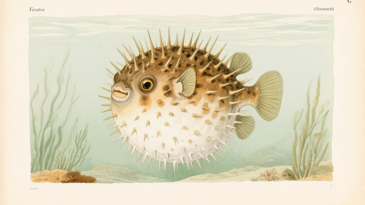 Ilustración naturalista de pez globo inflado en arrecife