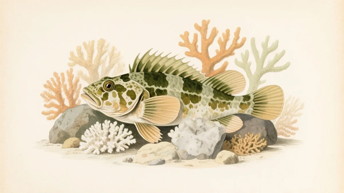 Ilustración naturalista de pez piedra camuflado entre rocas y coral