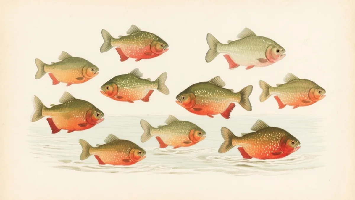 Ilustración naturalista de pirañas rojas en cardumen amazónico