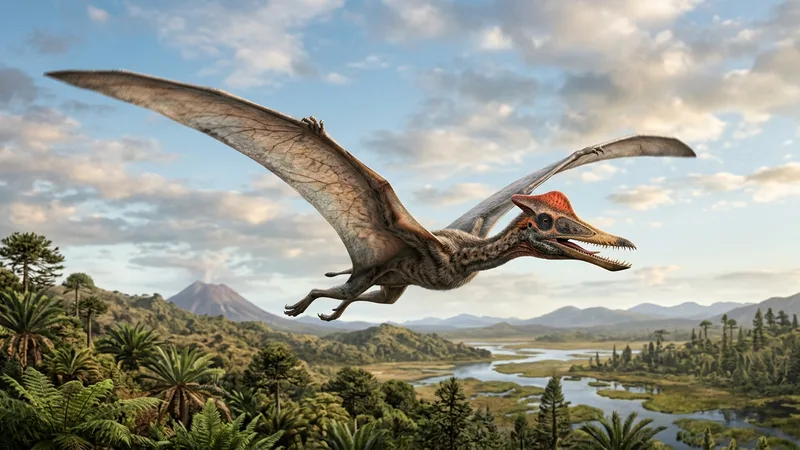 Ilustración naturalista de pterodáctilos alimentándose de peces, insectos en europa del jurásico tardío (extinto)