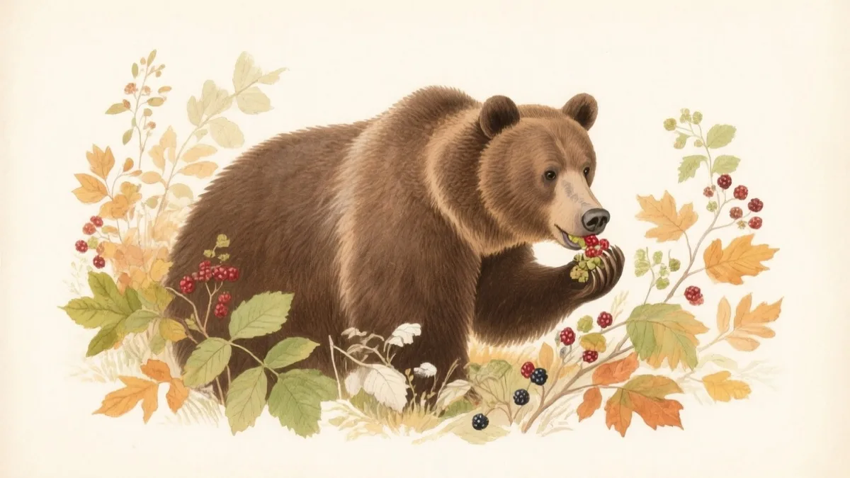 Ilustración naturalista de un oso pardo comiendo bayas en otoño