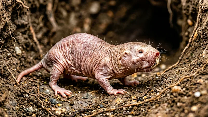 Ilustración naturalista de ratas topo desnudas alimentándose de raíces, tubérculos en subterráneo de áfrica oriental