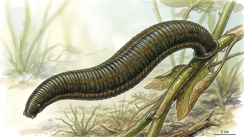 Ilustración naturalista de sanguijuelas alimentándose de sangre, invertebrados en ríos, lagos y humedales