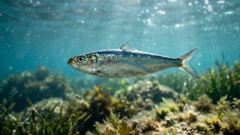 Ilustración naturalista de un cardumen de sardinas
