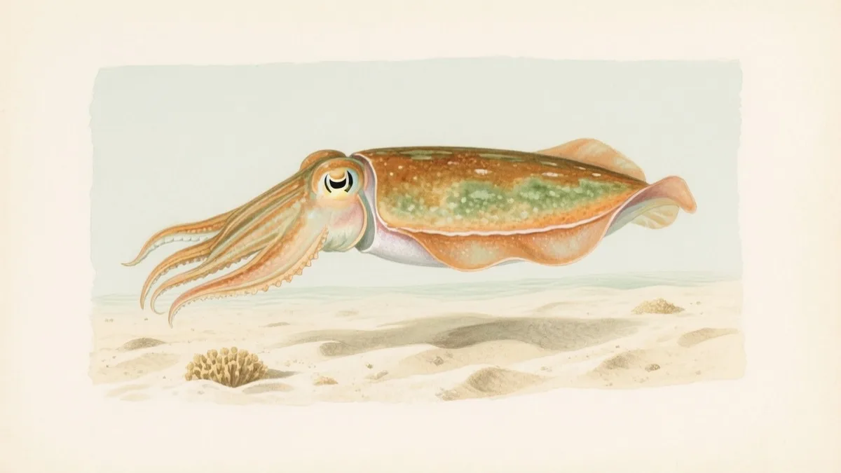 Ilustración naturalista de sepia común con tentáculos extendidos cazando