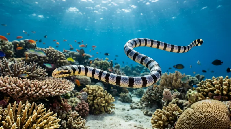 Ilustración naturalista de serpientes marinas alimentándose de peces, crustáceos en mares tropicales del indo-pacífico