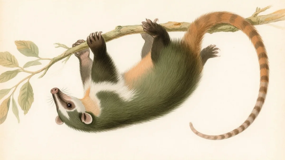 Ilustración naturalista de tamandúa colgando con cola prensil de rama