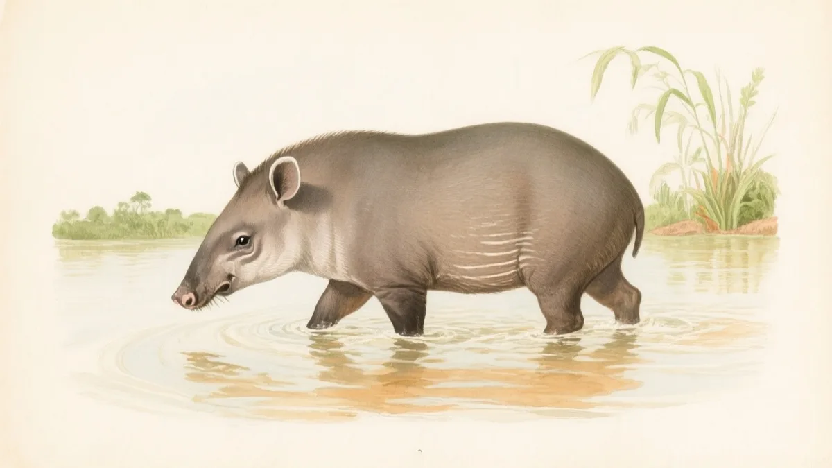 Ilustración naturalista de tapir amazónico bebiendo en río