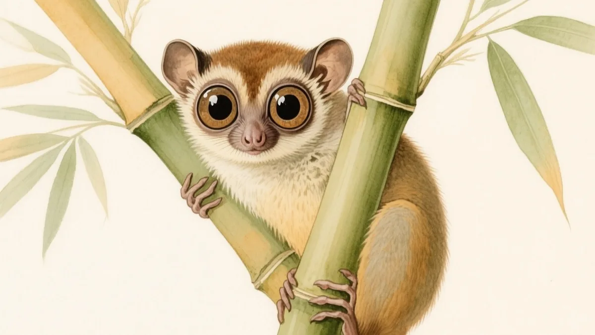 Ilustración naturalista de tarsero filipino agarrado a rama de árbol