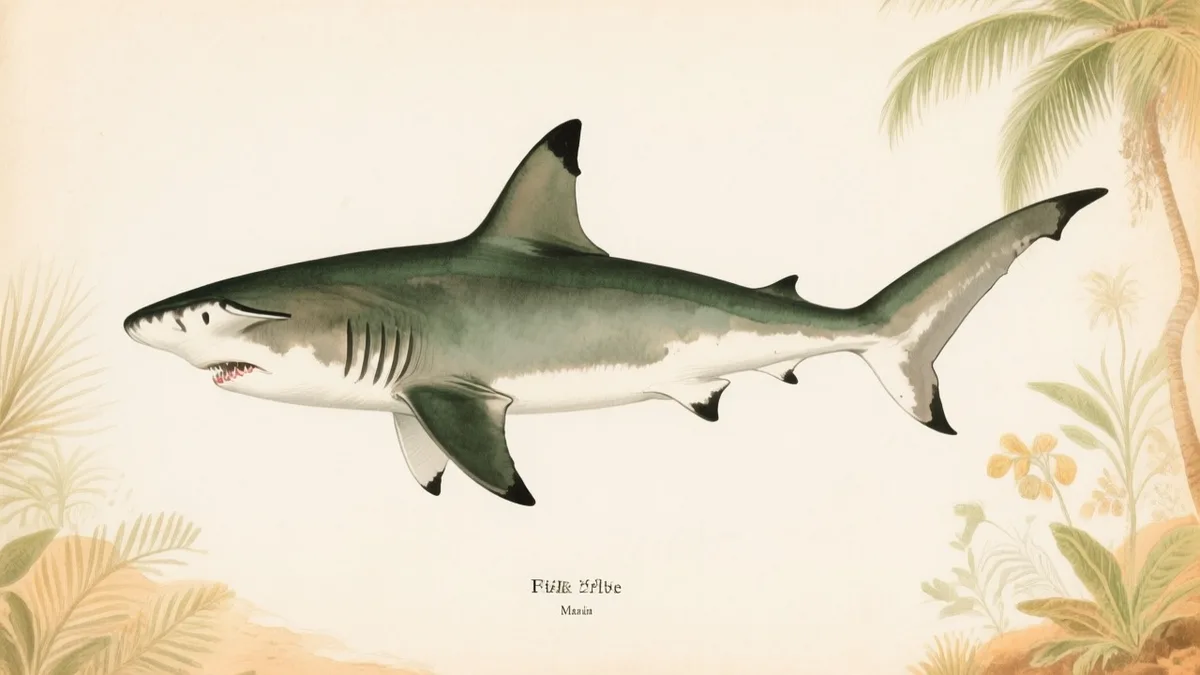 Ilustración naturalista de tiburón martillo gigante en aguas tropicales
