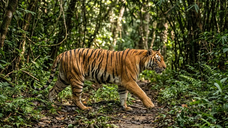 Ilustración naturalista de un tigre de Bengala en la selva