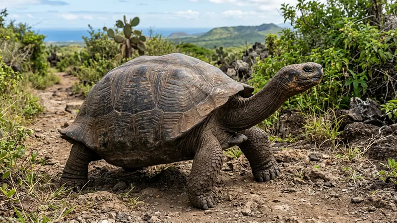 Ilustración naturalista de tortugas Galápagos alimentándose de cactus, hojas en archipiélago de galápagos