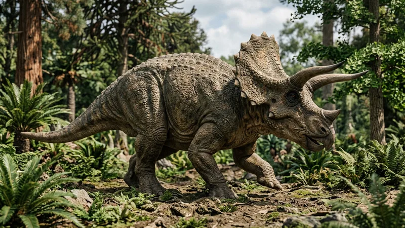 Ilustración naturalista de Triceratops alimentándose de helechos, cícadas en norteamérica del cretácico (extinto)