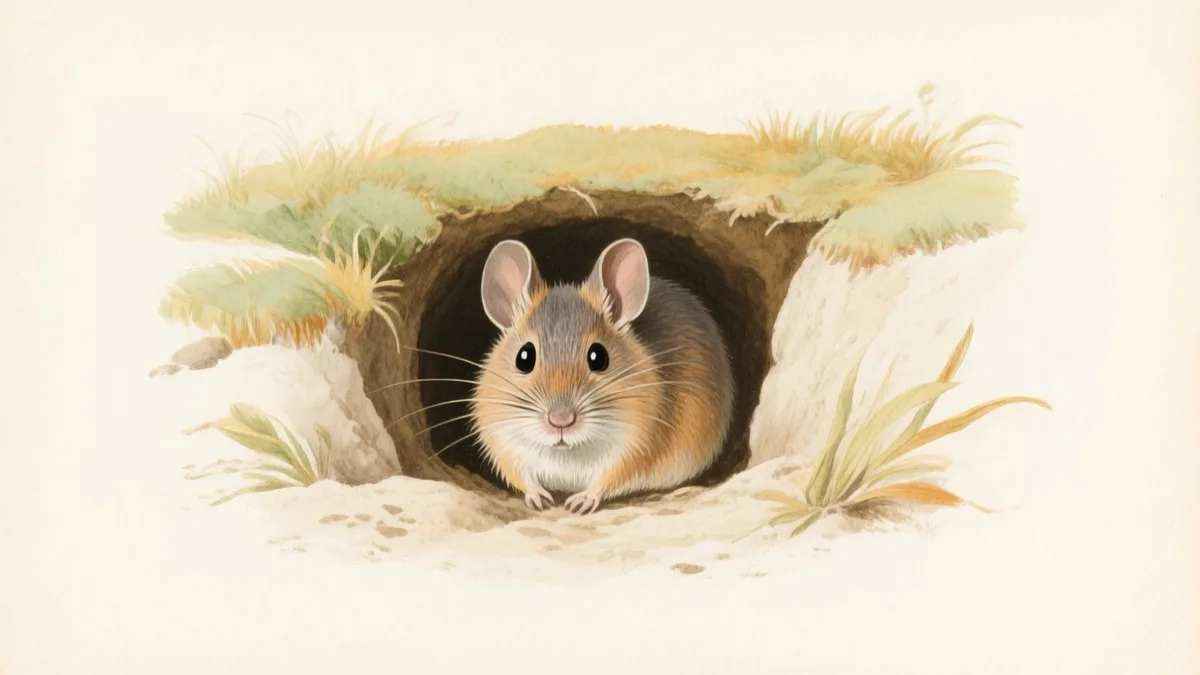Ilustración naturalista de tuco-tuco asomando de su madriguera