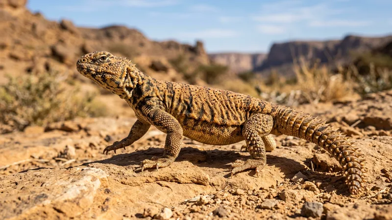 Ilustración naturalista de Uromastyx alimentándose de hojas, flores en desiertos del norte de áfrica y oriente medio