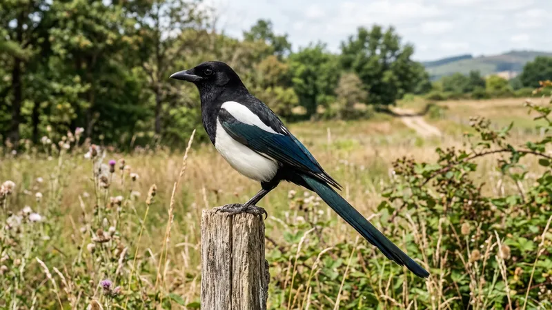 Ilustración naturalista de una urraca con plumaje negro y blanco