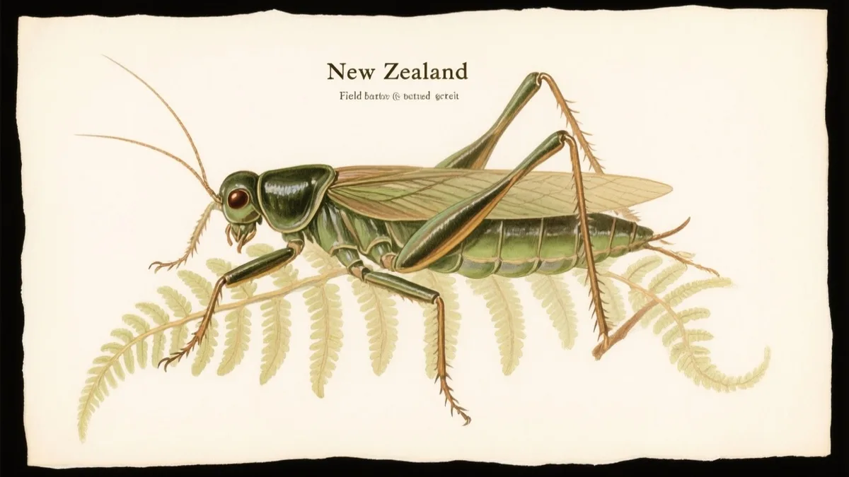 Ilustración naturalista de weta gigante sobre tronco de helecho