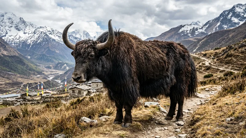 Ilustración naturalista de yaks alimentándose de pastos alpinos, musgos en montañas alpinas de asia central
