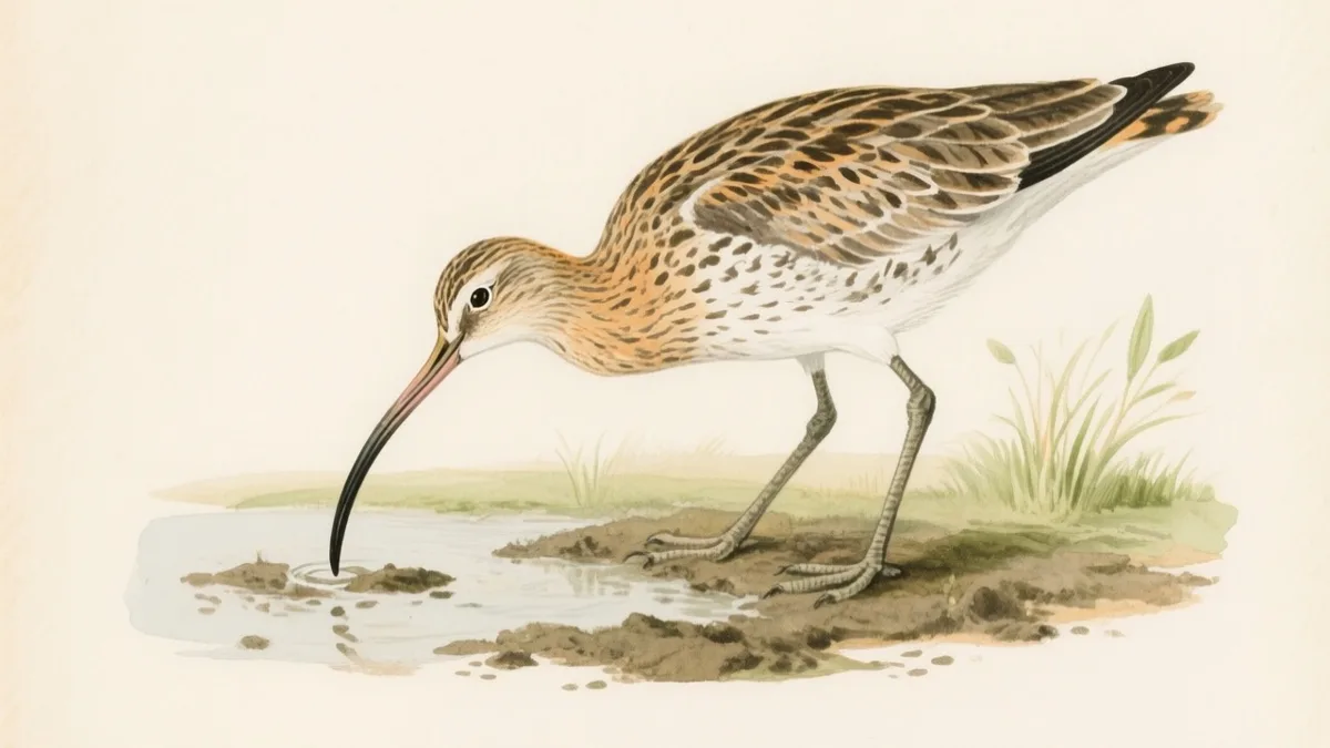 Ilustración naturalista de zarapito real con pico curvado en marisma