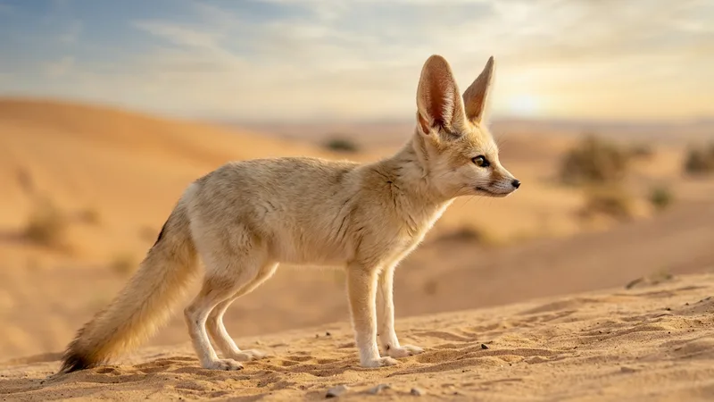 Ilustración naturalista de zorros fénec alimentándose de roedores, lagartos en desierto del sáhara