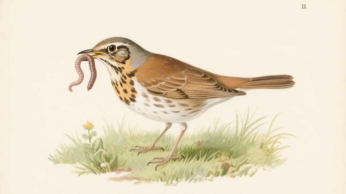 Ilustración naturalista de zorzal común con lombriz en pico